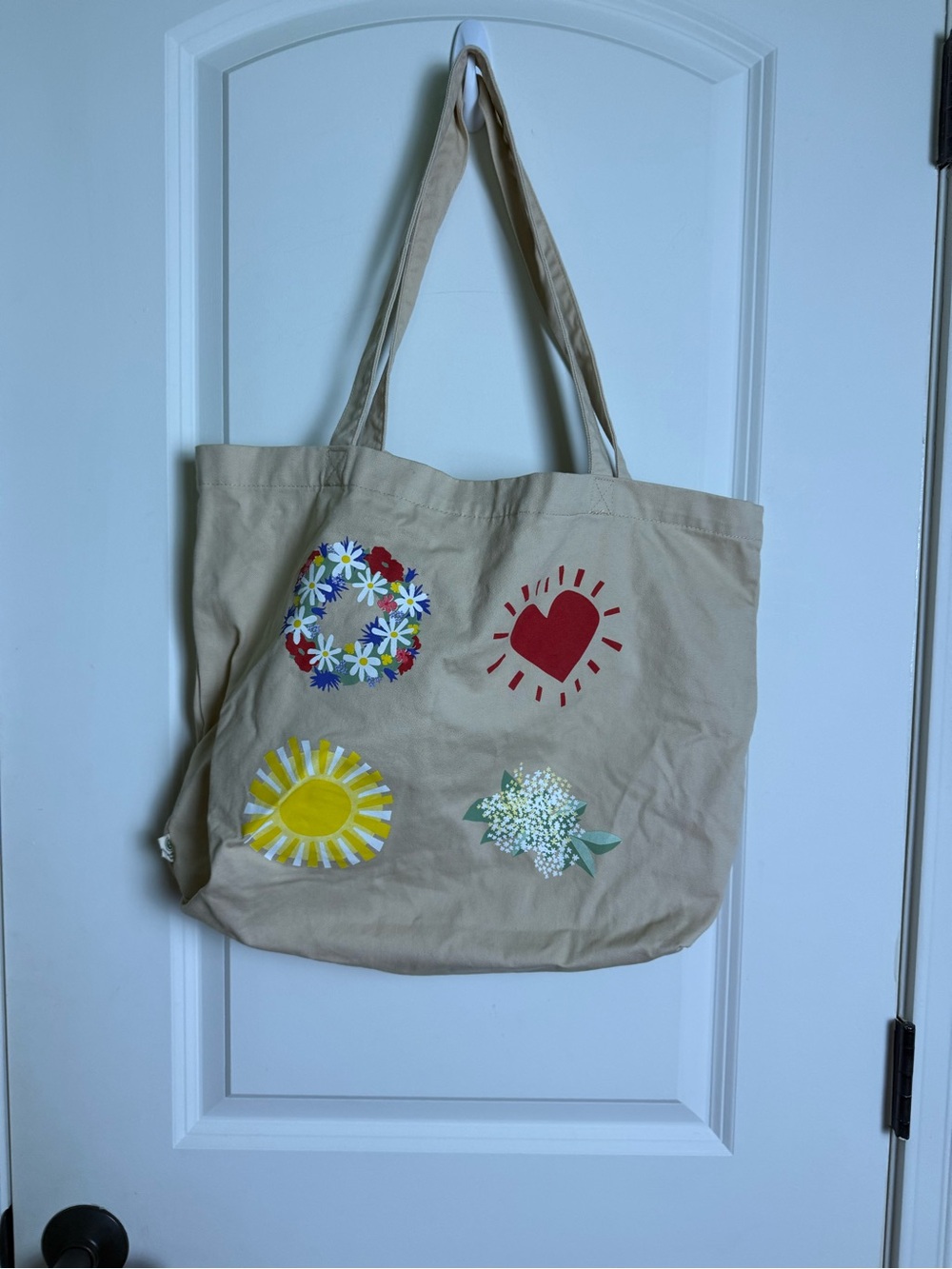 IKEA Beige Canvas Tote with Floral, Heart & Sun Motifs